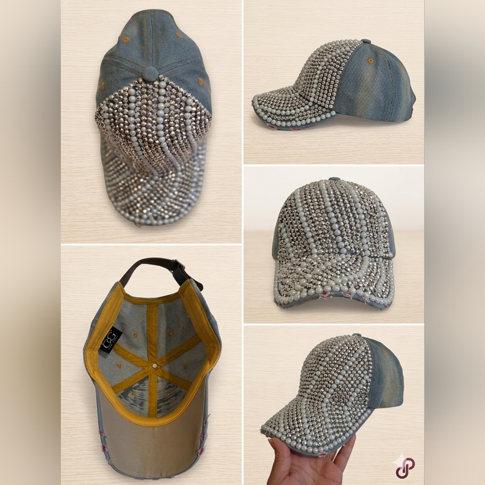 ✨ Rhinestone & Pearl Denim Hat – Handmade Glam ✨
